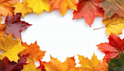 Obraz premium The image shows multiple colorful maple leaves arranged to create a border around a white background space.