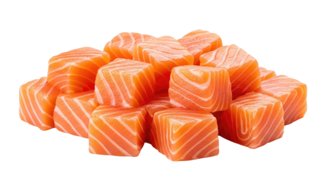 Fresh salmon cubes arranged neatly on a white surface, suitable for sushi preparation, transparent background, cutout PNG