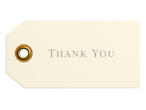Cream colored paper thank you tag with a reinforced metal eyelet on a transparent background