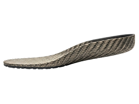 Orthopedic shoe insole with a gray woven composite material on a transparent background