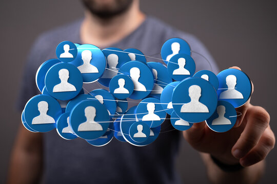 A conceptual image showing a modern social media network connecting various people using technology. Network is visualized by a person. - Powered by Adobe