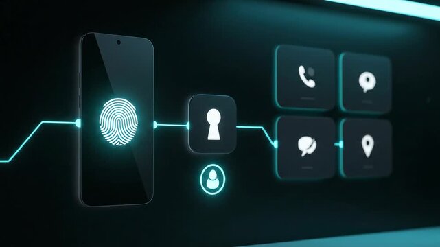 SSO + MFA: Step Complete where a fingerprint flash on a phone lights an avatar coin; link threads extend to four app tiles and a small check dots beneath, celebrating verified presence.