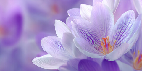 Beautiful purple crocus flower closeup with delicate petals and blurred background, natural floral design - AI generated