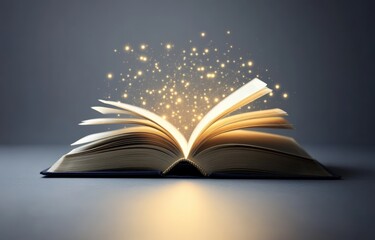 An open book emits magical sparks, symbolizing creativity and knowledge in a serene, illuminated setting.