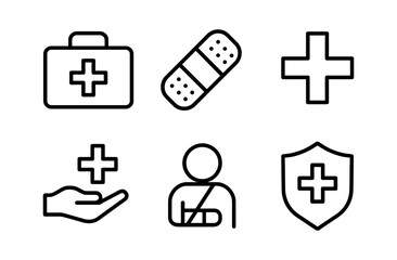 Obraz premium Minimalist medical icons set featuring first aid, bandage, and health symbols
