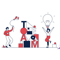 Diverse Group Collaborating on Project With Lightbulb Idea Symbol Overhead And Building Blocks Forming Word Team With Kite Flying And Cheering Success in Minimalist Style