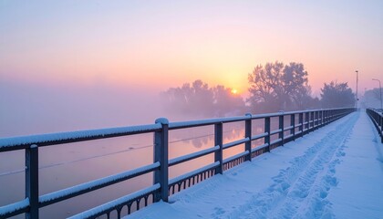 Obraz premium Snowy Bridge at Sunrise.