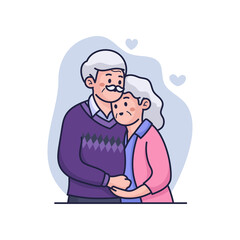 Elderly Couple Embracing With Tenderness and Affection Against a Soft Blue Background Featuring Subtle Heart Motifs