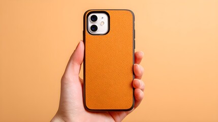 A hand holds an orange phone case in front of a bright, light background. The phone's screen is blank, offering a