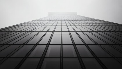 The image shows a tall building with a glass facade, viewed from a low angle against a bright, overcast sky.