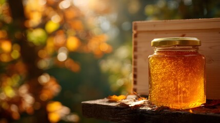 A jar of golden honey sits next to a wooden beehive, bathed in warm sunlight filtering through a serene forest. The background features autumn leaves, creating a tranquil, natural atmosphere.