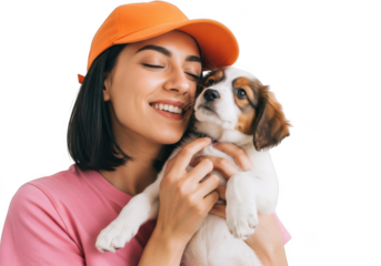 Joyful woman hugging adorable puppy wearing orange cap cherishing pet love moment isolated on transparent background