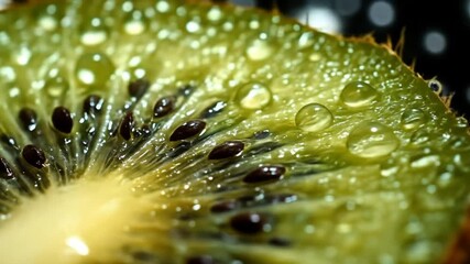 Close up of a juicy kiwi fruit slice with water droplets