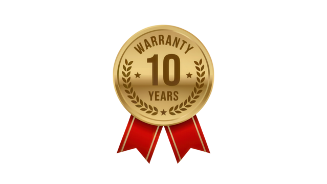 Golden oval medal with red ribbon and text warranty 10 years isolated on transparent background
