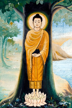 Wat Manorom Buddhist temple. Painting depicting the life story of Shakyamuni Buddha. Luang Prabang. Laos.