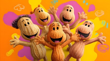 A lively group of animated peanuts with big smiles and exaggerated features joyfully poses in a colorful setting. The central peanut, with hands raised, radiates happiness and playful energy.