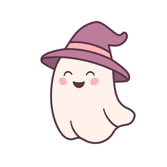 Fototapeta premium Funny ghost character wearing purple witch hat for Halloween design