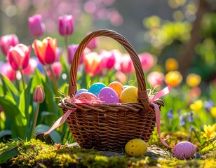 Easter basket filled with colorful eggs in a garden (4)