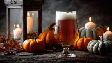 Glass of cold amber beer with pumpkins and burning candles on rustic wooden table