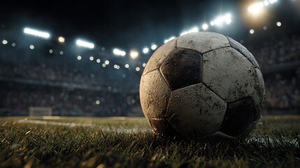 Close up of a dirty soccer ball on green grass stadium at night
