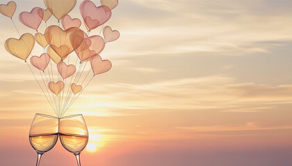 Two wine glasses clinking together with heart balloons at sunset concept of Valentine's Day, place for text  