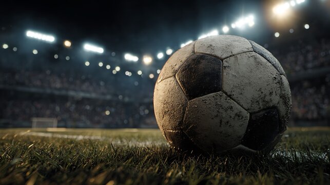 Close up of a dirty soccer ball on green grass stadium at night - Powered by Adobe