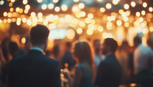Blurry image shows the backs of people socializing at a dimly lit outdoor gathering with warm-toned bokeh lights in the background.