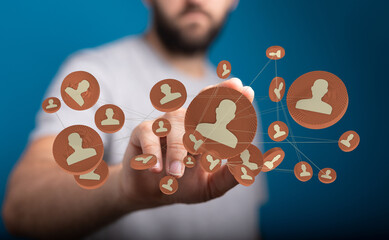 Digital networking shown through hand connection interface for a modern workforce structure. Connection and management in virtual world.