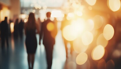The image shows out-of-focus figures of numerous people walking inside a building with bright, warm light sources creating bokeh.
