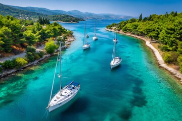 Obraz premium Sailboats dotting clear turquoise water in a croatian bay