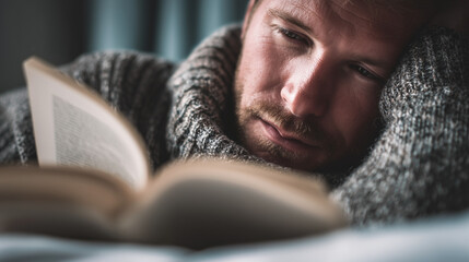 Man reading a book while resting indoors.