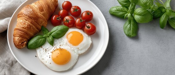 Freshly prepared breakfast with sunny-side-up eggs, flaky croissants, and vibrant green vegetables on a textured surface