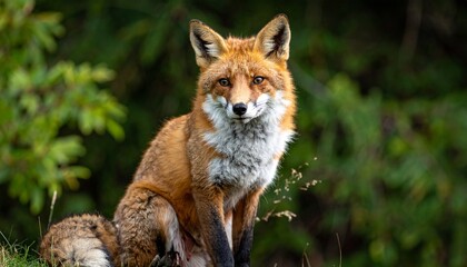 Red fox sitting in forest with reddish-brown fur white chest and black markings looking at camera for editorial wildlife nature photography and animal behavior-themed visuals