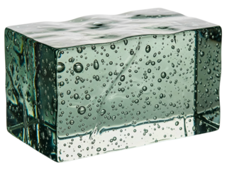 Rectangular green glass brick with many trapped air bubbles on a transparent background