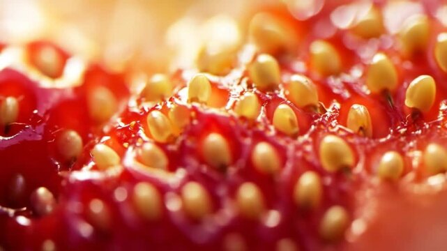 Close up of a ripe strawberry showcasing texture and seeds detail
