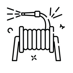 Black Outline Drawing Of A Hose Reel With Water Spraying From The Nozzle On A Transparent Background