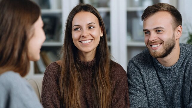 Real estate agent discusses property options with a couple in a cozy setting