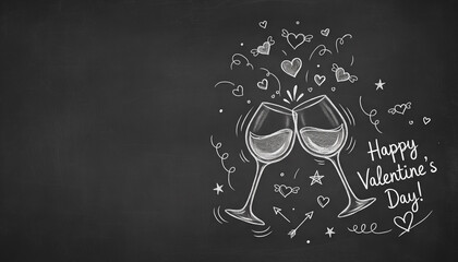 Clinking glasses illustration with hearts celebrating Valentine's Day, stylized chalk drawing on a blackboard, space for text
  