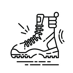 Black Line Art Icon of a Hiking Boot with Laces and Rugged Sole on a Transparent Background