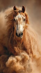 Majestic horse galloping through dust clouds in a wild desert landscape during golden hour