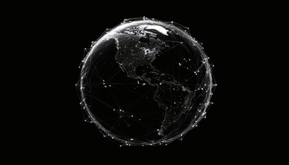 This illustration shows the Americas, depicted as a digitally connected global network, with white lines representing connections between nodes on a black background.