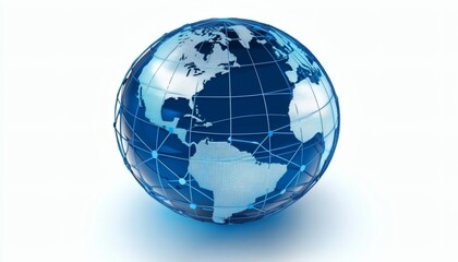 This 3D rendering shows a detailed digital Earth globe with a network of interconnected nodes, illustrating global communication and data transfer.