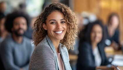 A young woman with curly hair smiles at the camera while sitting in a meeting with her colleagues.