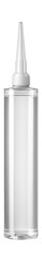 Transparent sealant with a precision tip for glass surfaces in bathrooms.