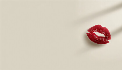 Red lipstick kiss mark on a neutral background for Valentine's Day, space for text  