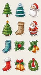 Colorful Christmas stickers featuring Santa, trees, stockings, and festive decorations for holiday joy and celebration