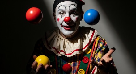 Clown juggling colorful balls in dramatic lighting, showcasing skillful performance and vibrant costume. Clown brings joy with entertainment and playful energy,