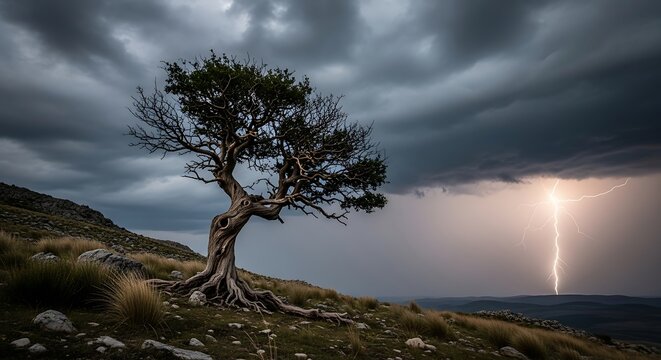 Lonely tree in the sky with storm clouds over forest and mountains - Powered by Adobe