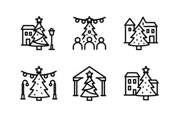 Minimalist christmas scenes with festive trees and buildings