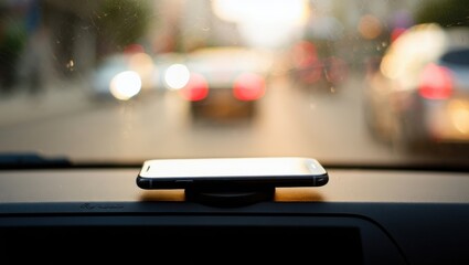 Quiet car dashboard with mobile device resting on a mount during morning traffic
